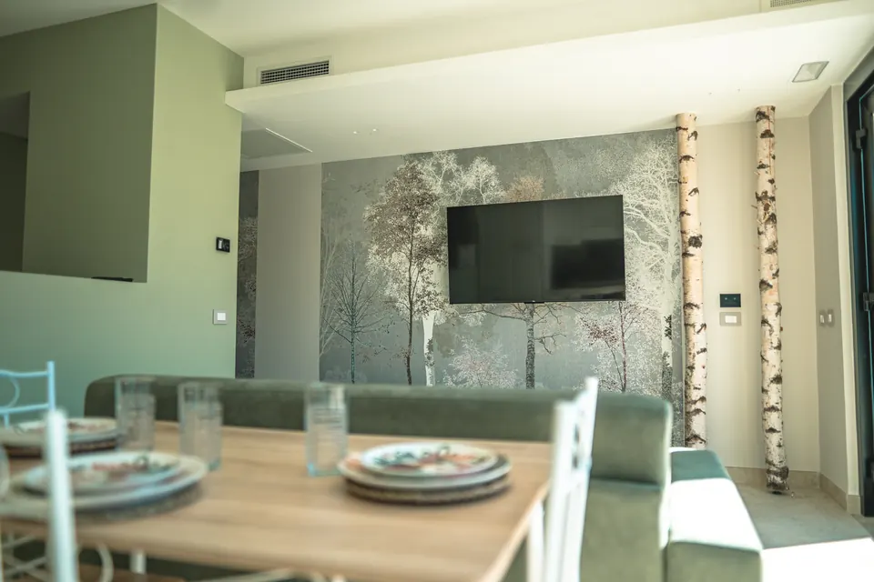 Acero: la parete con Smart TV e carta da parati a tronchi di betulla